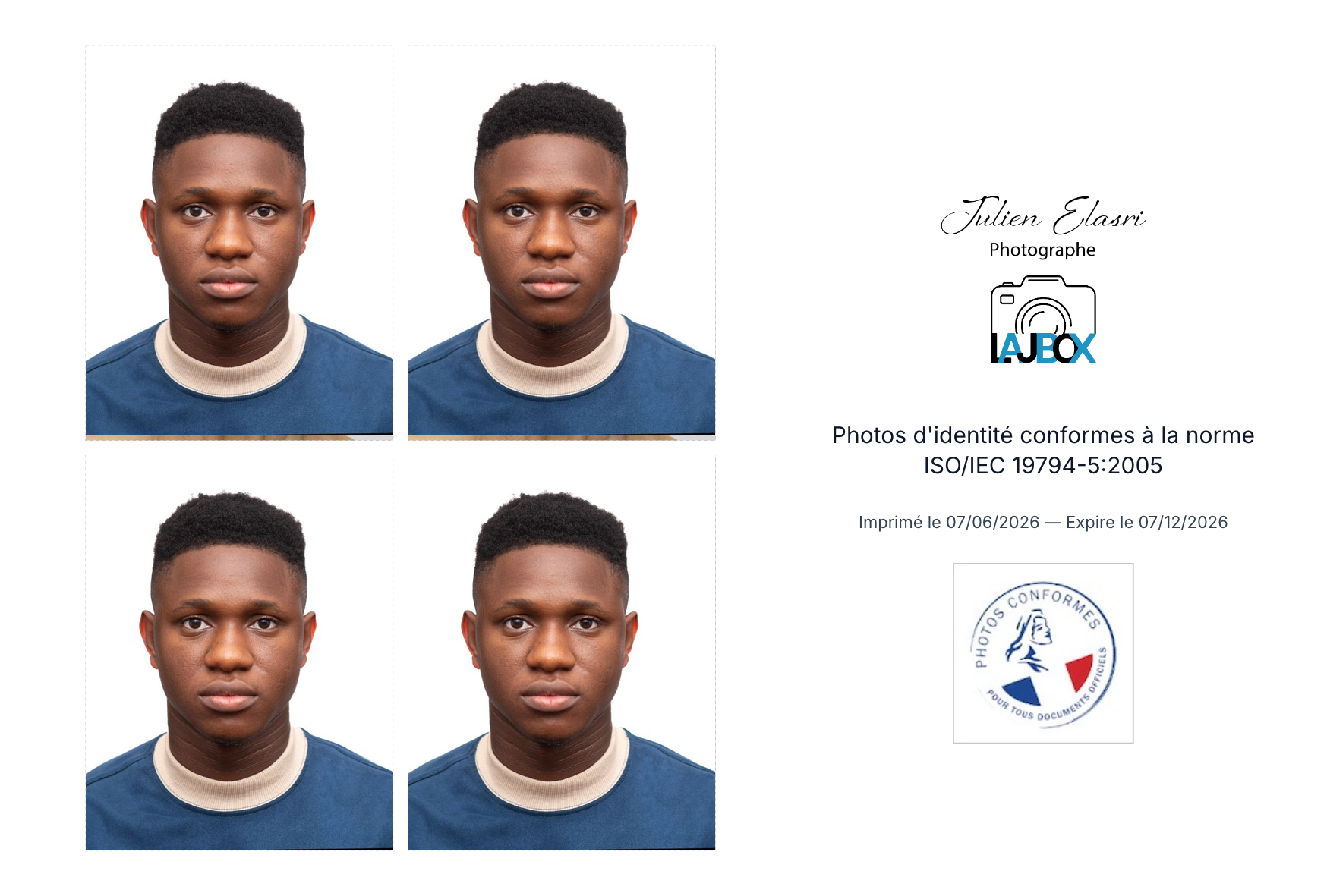 Exemple de planche de 4 photos d'identité conformes, réalisée par Julien Elasri photographe à Nancy (visage anonymisé à titre d'illustration)